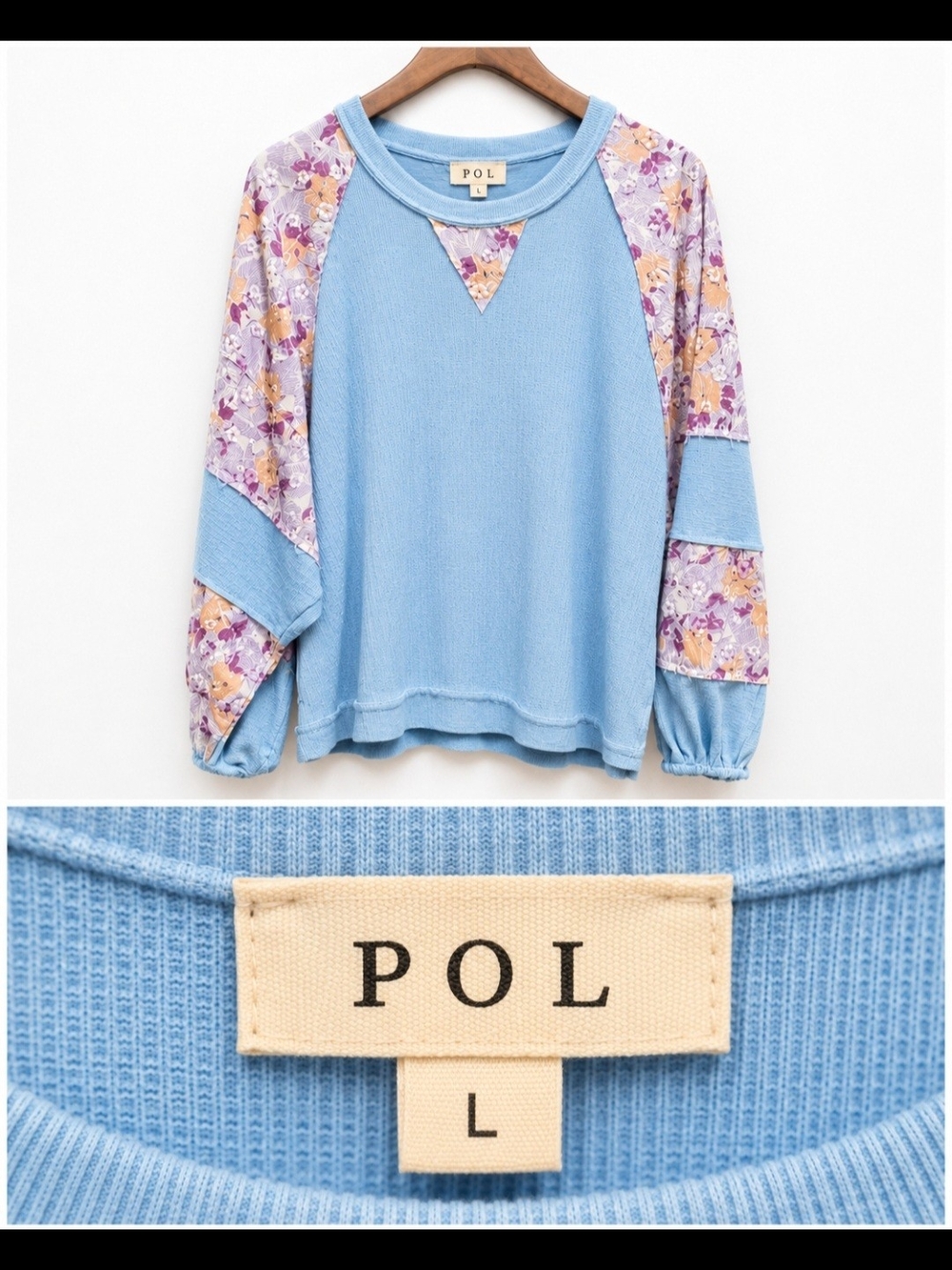 POL Sky Blue Sweater with Lavender & Yellow Floral Raglan Sleeves
